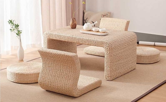 The Cane Makes Up Tea Table Natural Straw Woven Floor Table Natural fiber Window Table