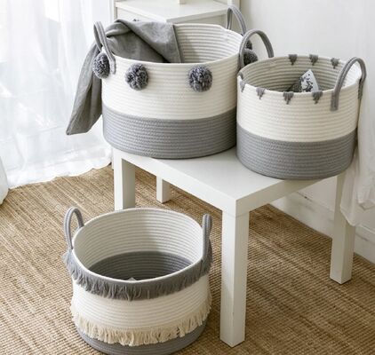 Wholesale 3pcs Set Foldable Handmade Woven Cotton Rope Hamper Storage Kids Toys Laundry Basket With Handles