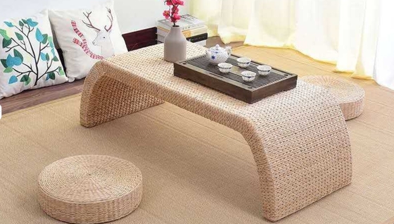 The Cane Makes Up Tea Table Natural Straw Woven Floor Table Natural fiber Window Table