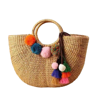 ECO Friendly Fashion Summer Tote Handbag Bohemian Handmade Bali Bags Straw Beach Bag Cotton Canvas Shopping Bags