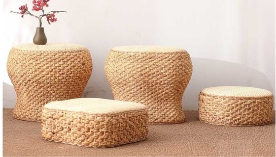 Natural Straw Household Storage Stool Grass Woven Ottoman Box Eco-Friendly Hand-Woven Grass Rattan Stools Seat Pad